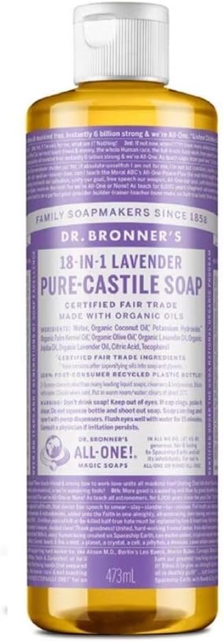 Dr. Bronner's - Pure-Castile Liquid Soap (Lavender, 16 ounce) - Made with Organic Oils, 18-in-1 Uses: Face, Body, Hair, Laundry, Pets & Dishes, Concentrated, Vegan, Non-GMO