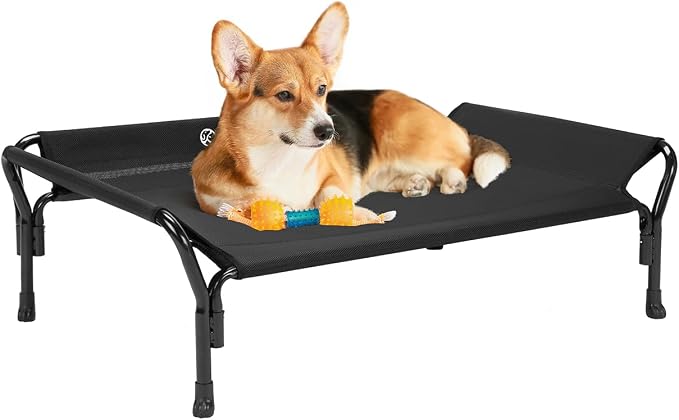 Veehoo Cooling Elevated Dog Bed, Raised Dog Cot with Guardrail & Headrest | Washable Dog Couch Bed for Indoor & Outdoor, Durable Breathable Teslin Mesh, Non-Slip Feet, Medium, 39.5" x 28", Black
