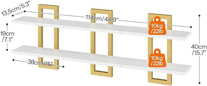 HOOBRO Floating Shelves, 15 Inch Wall Shelf Set of 3, Wall Mounted Storage Shelves 2-Tier, Hanging Bathroom Shelves, for Living Room, Bedroom, Bathroom, Kitchen, White and Gold DW32BJP301