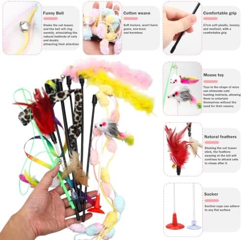 QUOZUO 8 Pack Interactive Cat Wand Toy Set, Cat Teaser Wand with Bells Colorful Feather Rainbow Kitten Toys for Exercise Indoor Cats Kitten