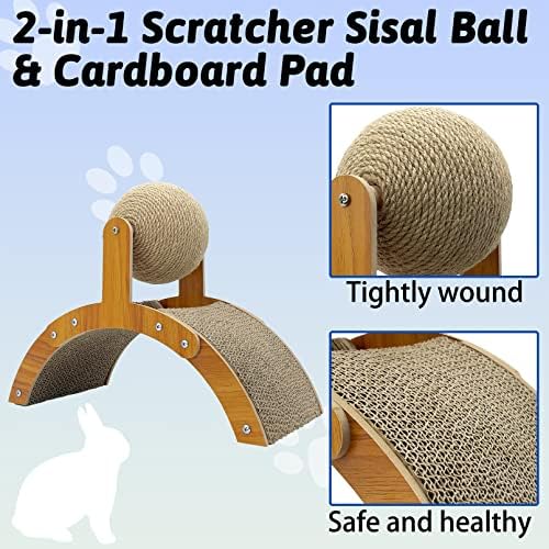 Fhiny Rabbit Scratch Toy, Natural Sisal Rabbit Scratching Ball with Cardboard Pad 2-in-1 Bunny Claw Scratcher Interactive Toys Nail Scratching Post for Indoor Pets Kittens Ferrets Small Animals