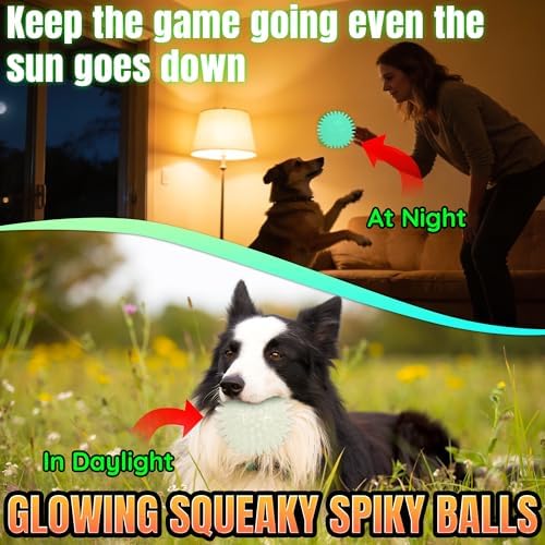 LECHONG 6-Pack Glow in The Dark Squeaky Dog Balls, 3.5” Spiky Dog Toy Balls, Durable Glowing Rubber Fetching Ball for Medium & Large Dogs Nighttime Playing Indoors & Outdoors