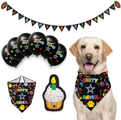 NFL Dallas Cowboys Dog Birthday Party Set 9pcs with 1 Football Bandana Small/Medium, 1 Banner, 1 Birthday Cake Toy & 6 B-Day Balloons, Dog Birthday Set, Costume, Fun Doggie Pawty Accesories