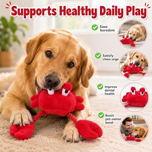 Squeaky Dog Plush Chew Toy, Interactive Tug Squeaky Toy for Chewers, Medium & Large Dogs & Fetch Play, 18.1 Inch Stuffed Crab Toy with Rope Twisted Claws for Gentle Gum Care & Boredom Relief, Red