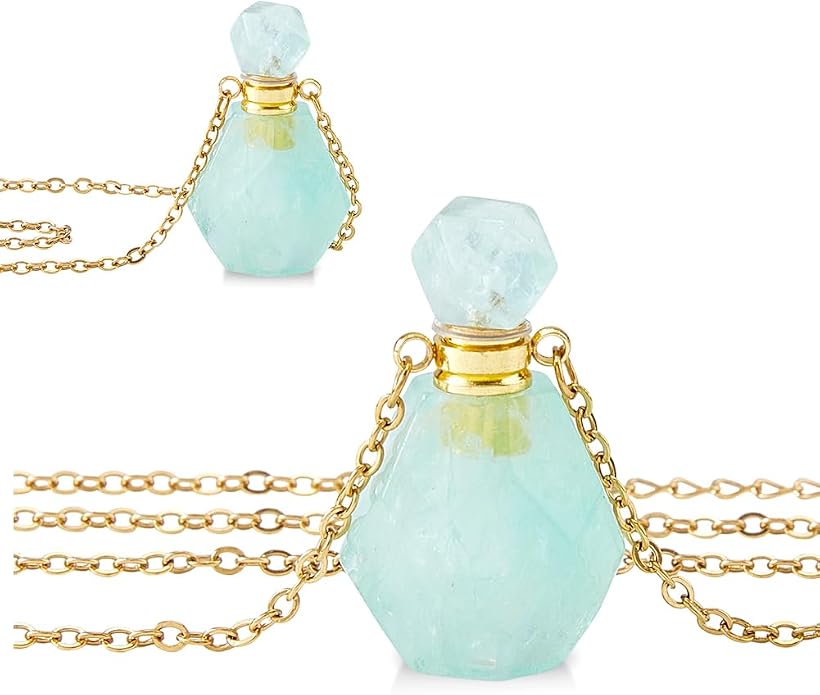 SUPERFINDINGS 2Pcs Perfume Bottle Necklace Essential Oil Diffuser Necklace Natural Crystal Perfume Bottle Pendant with 304 Stainless Steel Chain Gemstone Vial Pendant for Woman Men