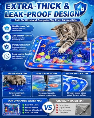 2026 Upgraded Thickened Cat Water Sensory Mat Interactive Toy Cooling Pad Indoor Exercise Hunting Anti-Scratch Leak Proof Foldable Portable Summer Floating Fish Pet Ball Play(1PCB)