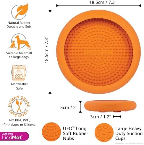 New LickiMat UFO Orange - Bathing, Shower & Grooming Distractor. Natural Rubber Large Soother Licking Nubs Treats. Unique Food and Dribble Catcher Design. Slow Feeder Dog Bowl