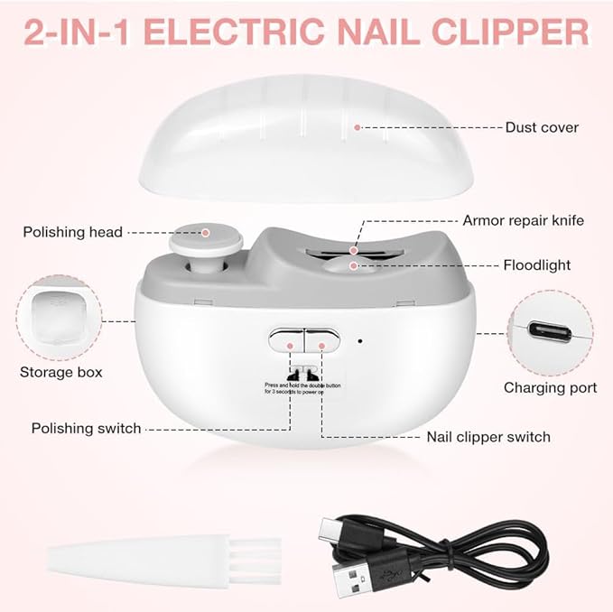 Electric Nail Clippers,2026 New 3-in-1 with LED Light & Polishing 2 Adjustable Speeds for Nail Trimmer for Suitable for Adults, Seniors and Baby (White)