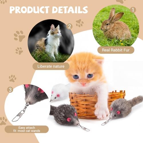 18 Pack Natural Rabbit Fur Cat Toy Refills, Mouse Tail Fur Ball Shaped Cat Toys, Interactive Cats Wand Toy Replacement Head with Secure Connector(Mouse)