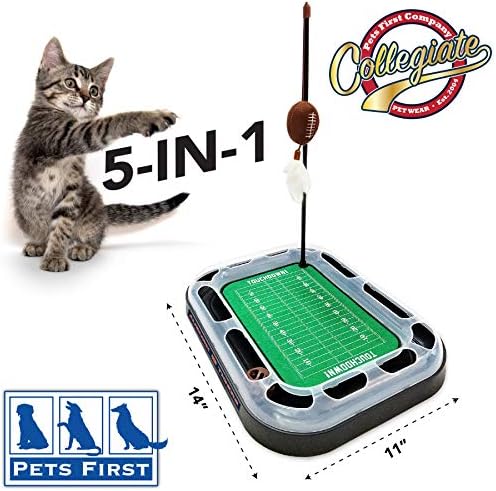 Pets First NCAA Auburn Tigers Reversible Football Field CAT Scratcher Toy with Catnip Filled Plush Football Toy&Feather Cat Toy Hanging with Jingle Bell Interactive Ball Cat Chasing 6-in-1 Kitty Toy