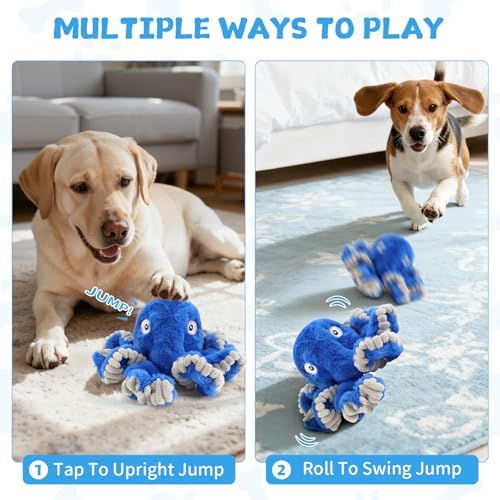 Interactive Dog Octopus Toy, Upgrade Automatic 1.5H Jumping Ball with Motion Activation for Small Large Dogs, 2 in 1 Rechargeable Move & Tug Plush Toy Pets Keep Busy, No Music (Blue Crinkle)