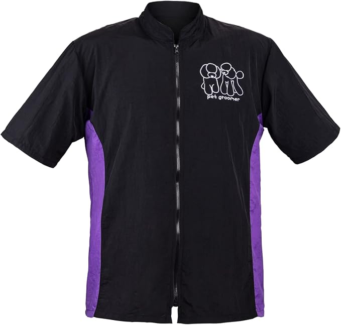 Pet Grooming Uniform Dog Cat Groomer Smock for Men Women, Short Sleeve, 3XL | Anti-Static & Splash Proof Pet Beautician Uniforms, Hair Repellent Smock & Trousers for Professional Dog Cat Grooming Salon