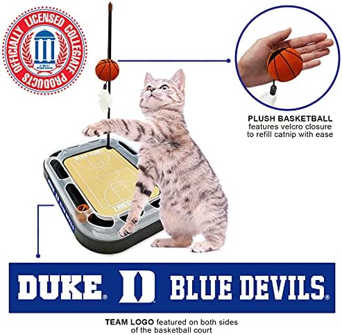 CATS SCRATCHER NCAA Duke University Basketball Court CAT Scratcher Toy with Catnip Filled Plush Basketball Toy & Feather Cat Toy Hanging, with Jingle Bell Interactive Ball Cat Chasing 5-in-1 Kitty Toy