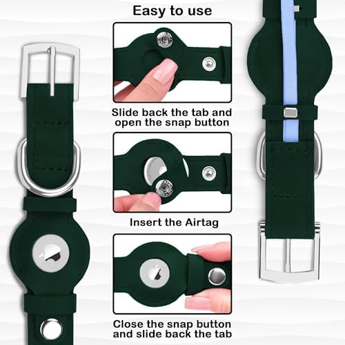 Leather Dog Collar with Airtag Holder - Apple Air Tag Dog Collars - Soft Tracking GPS Pet Collar for Small Medium Large Dogs Breed Puppy (Green, XL, 19"-24" Neck Fit)