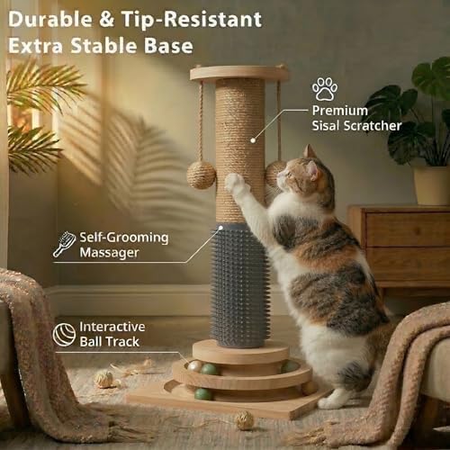 4-in-1 Solid Wood Cat Scratching Post with Self-Groomer, Large Size