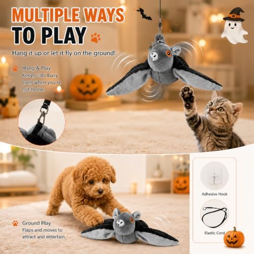 Flying Bat Dog Toy, Flying Bat Toy for Dogs, Flapping Bird Interactive Cat Toy, Cute Flapping Wings Electric Teasing Cat/Dog Toy, Hanging and Ground Play (1Pc)