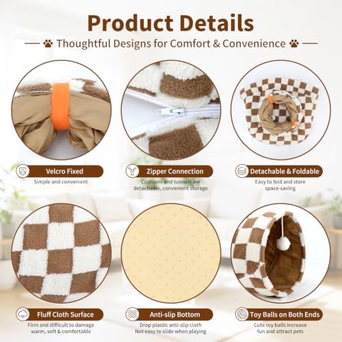 BWOGUE Bunny Tunnel Bed, Brown Plaid 2-in-1 Rabbit Tunnel Hideout with Mat