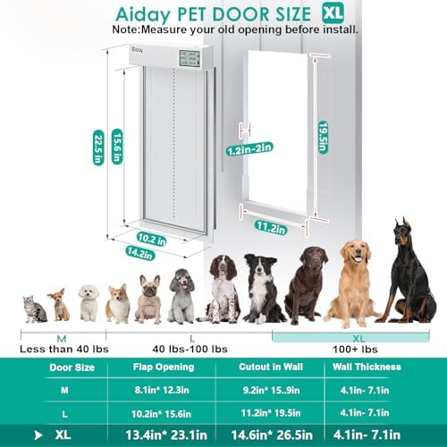 Automatic Dog Door with Collar Sensor, Up to 200 lbs, Electronic Extra Large Dog Door for Exterior Door with Mains-Powered, Anti-Pinch, Timing Function(XL)