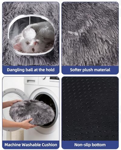 Cat Tunnel Bed with 20 Pcs Interactive Toys, 3-in-1 DIY Collapsible Plush Cat Tube with Washable Mat, Large Indoor Play Tunnel Cave for Kittens and Small Animals