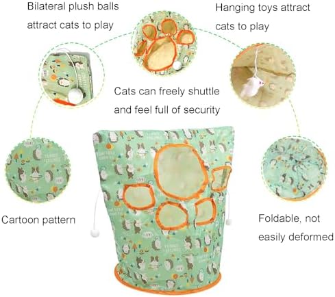 Cat Tunnel Bag for Indoor Cats, Foldable Pet Tunnel Crinkle Sack Bag with a Little Mouse & 3 Toy Ball, Portable Crinkle Paper Interactive Hide and Seek Cat Toys (Green)