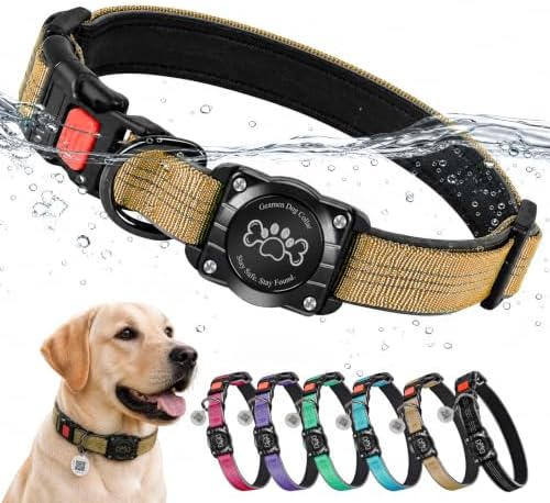 Geamen Dog Collar for Airtag Waterproof QR Code Reflective Collar(Khaki,M) | Built-in Waterproof Holder, QR Code Tag, Reflective,Secure Buckle