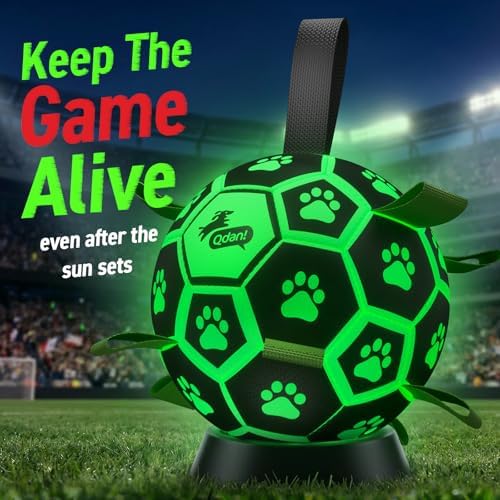 QDAN Glow in The Dark Dog Toys, Dog Soccer Ball with Straps, Night Play Fun | Light Up Dog Balls for Large Dogs, Interactive Training Dog Tug Toys for Tug of War, 8 Inch, 30-90 lbs Puppy Ball, Dog Gifts