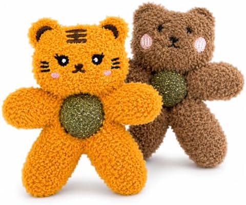 Cat Toys with Catnip Kitten Chew Bite Supplies Boredom Relief Fluffy Kitty Teeth Cleaning Chewing Cat Lovers Interactive Plush Gift (Tiger&Bear)