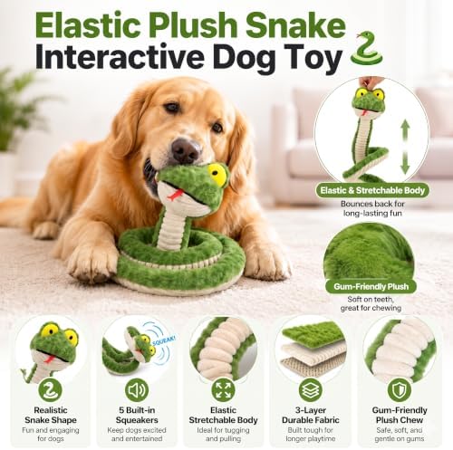 Squeaky Dog Plush Chew Toy, Interactive Tug Squeaky Toy for Chewers, Medium & Large Dogs & Fetch Play, 39.4In Stuffed Silly Snake Toy with Elastic Stretchable Body for Gentle Gum Care & Boredom Relief