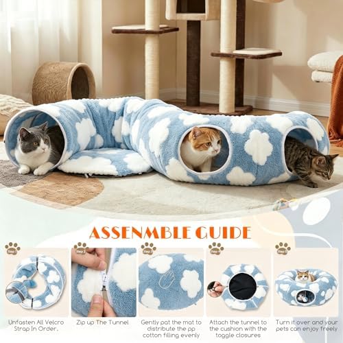 Cat Tunnel Bed with Toys – Large Collapsible Play Tube (Blue)