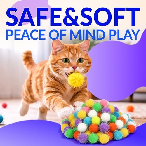 HA SHI Sparkle Cat Toy Balls 200 Pack, Tinsel Pom Poms with Storage Jar