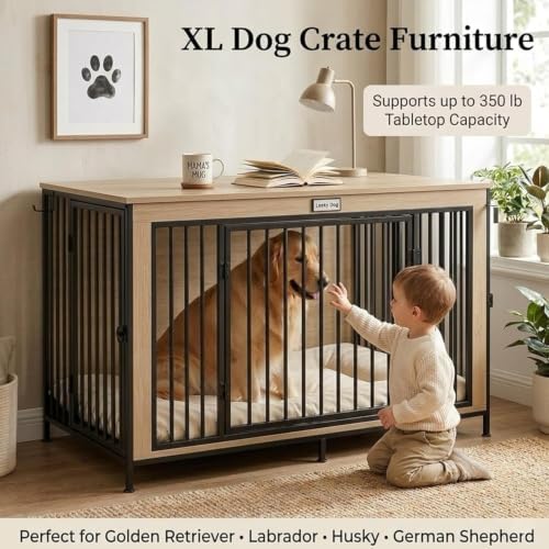 XL Dog Crate Furniture 48'' | Extra Large Heavy Duty Anti-Chew Dog Kennel | Rustic Wooden Entertainment Center & TV Stand with 400LB Top Capacity | Escape Proof Double Door Pet House