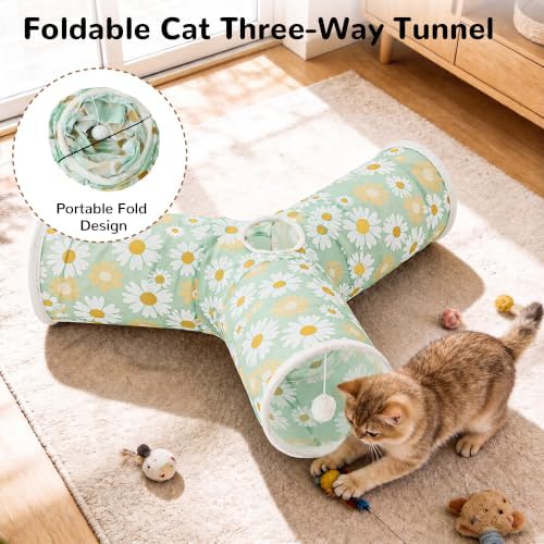 Tempcore Cat Tunnel, 3-Way Collapsible Toy, Large Size Daisy Green Printed
