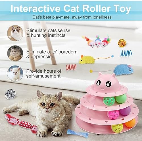 UPSKY 24 PCS Cat Toys Set with Teaser, Mice, Spring, and Various Ball Toys | Puzzle Kitten Toys, Sturdy Structure, Detachable Design, Easy to Assemble, Anti-Slip, Reduces Boredom for Indoor Cats