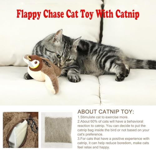 Upgraded Flappy Chase Interactive Chirping Bird Cat Toy with Flapping Wings,No Flying, Interactive Simulation Electric Cat Toy for Cats Dogs-Cat Toys Touch Activated, Rechargeable
