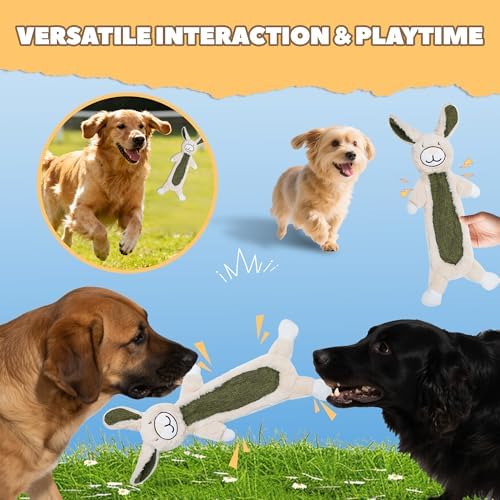 Squeaky Dog Toys for Small & Medium Breeds, Soft No Stuffing Interactive Puppy Teething Chewing Toy with Crinkle Paper, Best Birthday, Christmas, Halloween, Easter Gift, Flat Rabbit