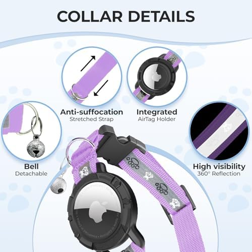 Breakaway AirTag Cat Collar, Reflective Cat Tracker Collar with Bell | Built in AirTag Holder, Adjustable 8.5-12in for Cats, Kittens and Puppies, Safety Elastic Band, Reflective for Night Walking
