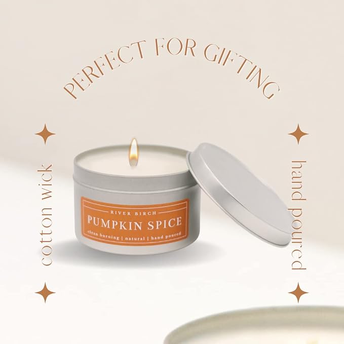 River Birch Candles Pumpkin Spice Scented Candle | Premium, All-Natural, Non-Toxic, Soy Candles | 8 oz. Silver Tin Travel Candle | Cozy Relaxing Gifts for Home