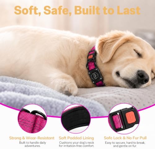 Geamen Dog Collar for Airtag Waterproof QR Code Reflective Collar HotPink,S | Built-in Waterproof Holder, QR Code Tag, Reflective,Secure Buckle