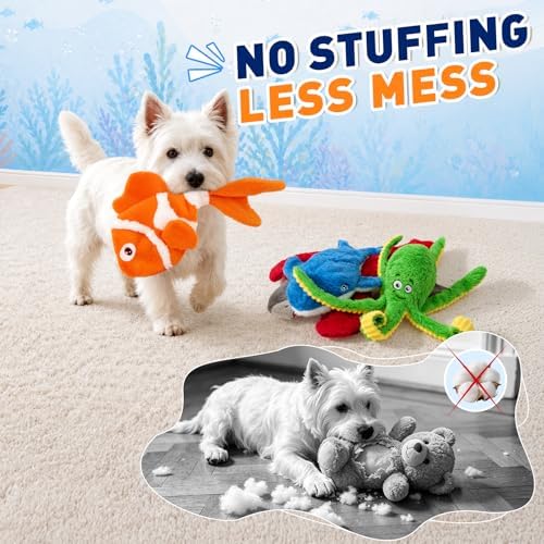 No Stuffing Squeaky Crinkle Dog Toys, 5-Pack Ocean Animal Plush Set