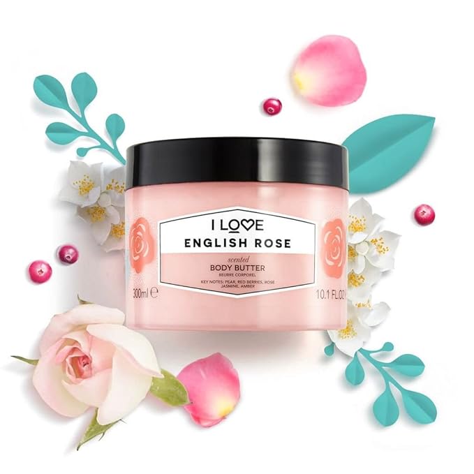I Love English Rose Scented Body Butter - Hydrating Body Butter for Dry Skin - Vitamin E and Aloe Vera - Shea Butter and Coconut Oil - 10.1 oz (Pack of 3)