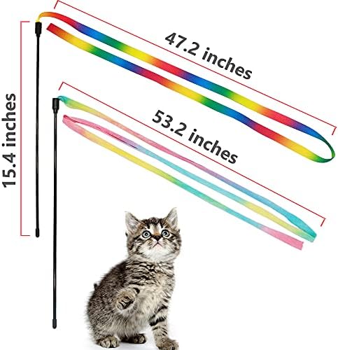 LASOCUHOO Interactive Cat Wand Toys Interactive Cat Teaser Wand String Ribbon Rainbow Charmer for Cats and Kittens - 2 Packs