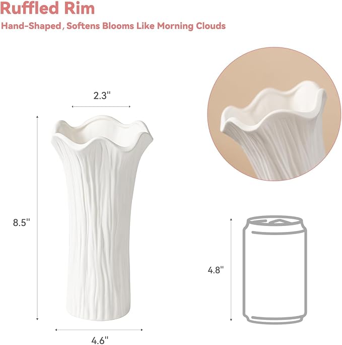 White Ceramic Vase with Ruffled Rim & Vertical Fluted Texture - 8.5" Unique Flower Vase for Pampas Grass & Centerpieces, Decorative Boho/Farmhouse Vase for Living Room, Office & Gift for Her/Yourself