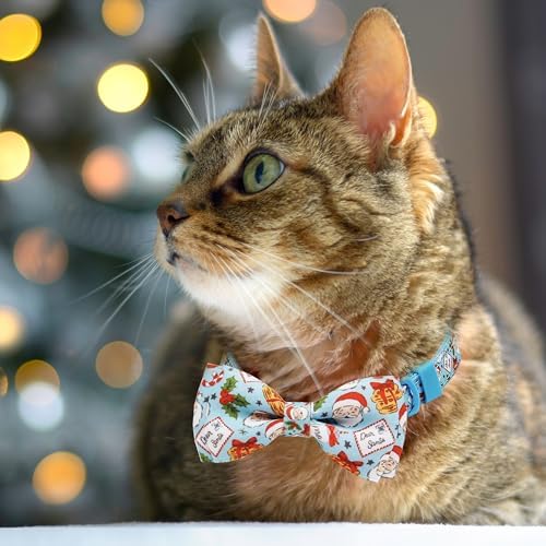 Christmas Cat Collar 2-Pack - Cute Santa & Cookies Holiday Collars with Removable Bow Tie & Bell, Adjustable Breakaway Safety Buckle for Kitties Kittens (Pink & Blue)
