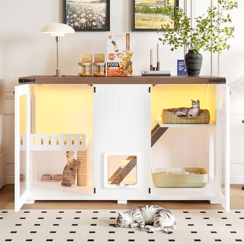 Montary 47.25" Large Cat Litter Box Enclosure with LED Light、Stairs & Cat Scratching Post,Hidden Litter Box Furniture with Smart Doors, Wooden Pet House Side Cabinet,White