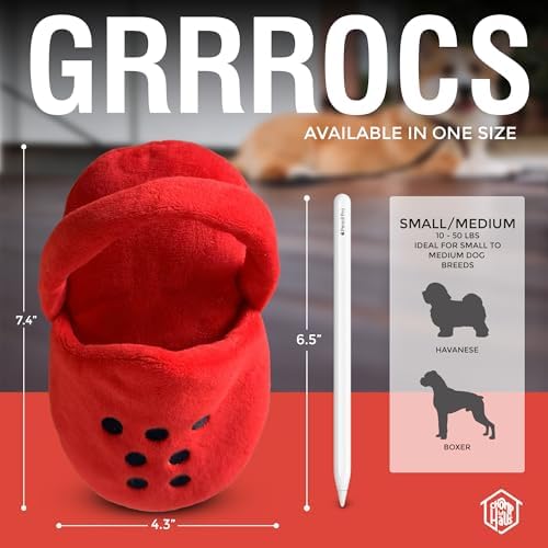 Grrrocs – Luxurious Parody Plush Dog Toy with Squeaker, Premium Fabric, Embroidered Details, Designer-Inspired Chew Toy, Fun Gift for Medium Dogs & Dog Lovers