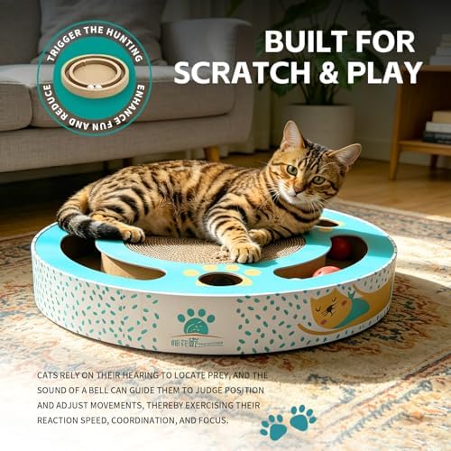 Round cat Scratching pad Modern Cats Scratcher Cardboard Interactive Toys for Indoor Cats with 2 Bell Balls and Kitten Tunnel