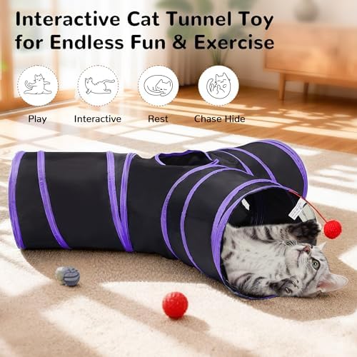 Tempcore Cat Tunnel, 3-Way Collapsible Toy for Indoor Cats, Black & Purple