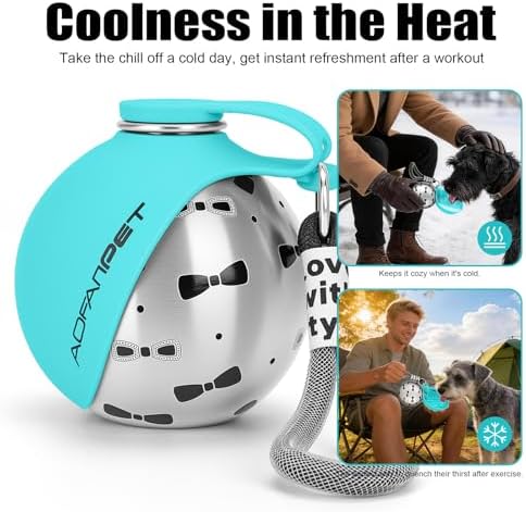 Portable Dog Water Bottle 10oz Stainless Steel Travel Dog Water Dispenser with Bowl No-Spill Puppy Water Bottle for Walking Hiking Small Dog Water Bottle (Blue Bow Print)
