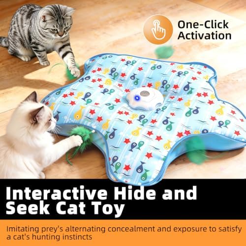 Interactive Cat Toy, Peek-a-Boo Series – Hidden Feather Wand, Rechargeable Indoor Hunting Toy, Squeaky Bird Sound, and Small Fish Pattern Cover