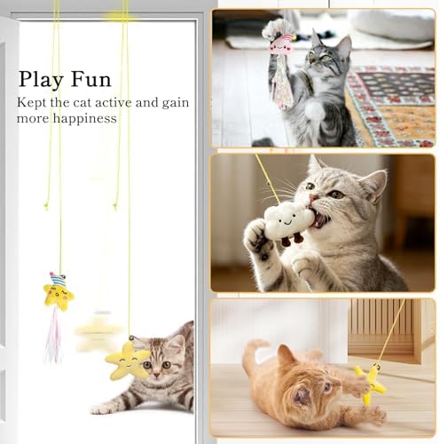 Hanging Door Cat Toy with Elastic String, Interactive Cat Toys for Indoor Cats, Retractable Door Hanging Cat Teaser with Bell/Feather/Plush for Self-Play (5 Pack)
